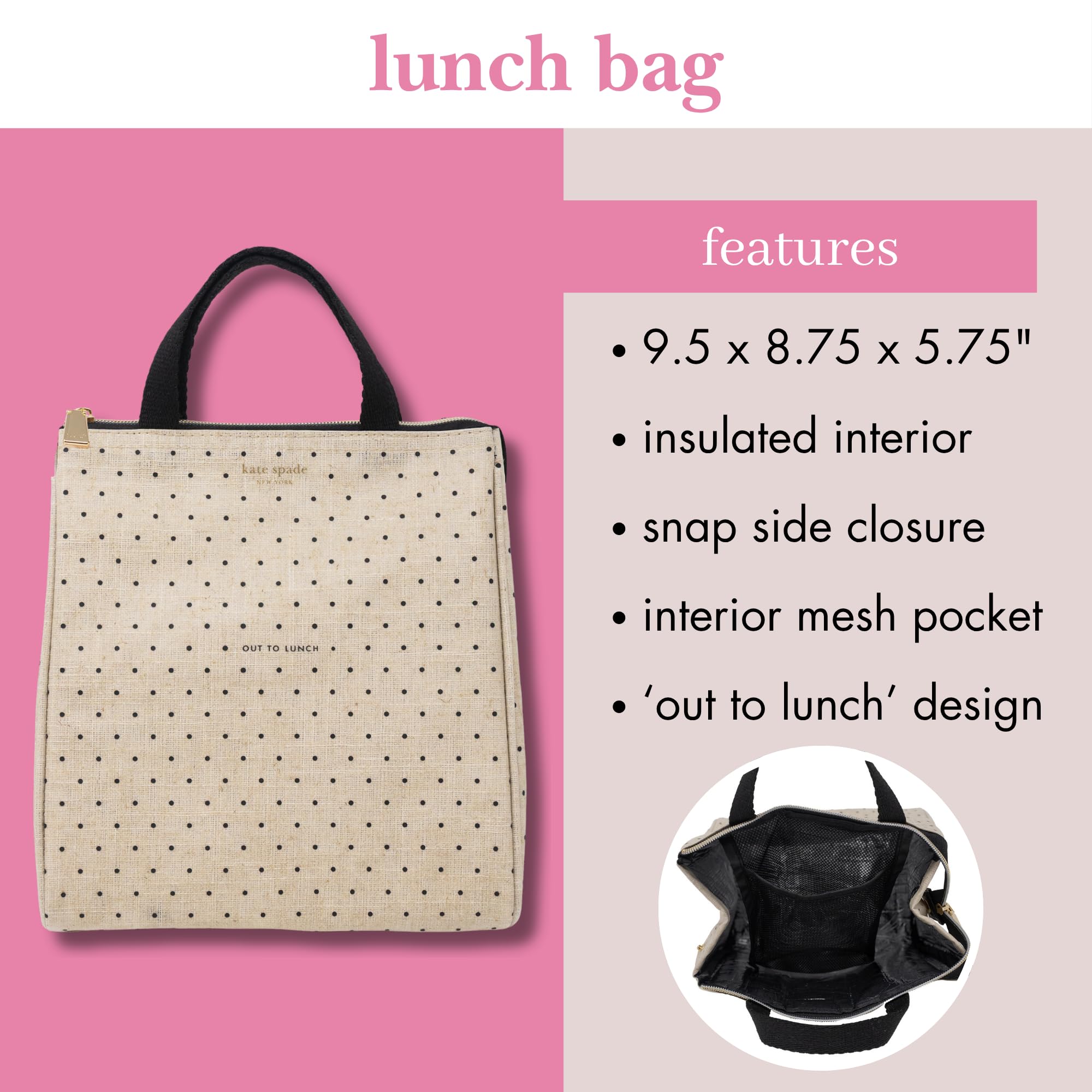 kate spade new york Cute Lunch Bag for Women, Large Capacity Lunch Tote, Adult Lunch Box with Silver Thermal Insulated Interior Lining and Storage Pocket (Out to Lunch)