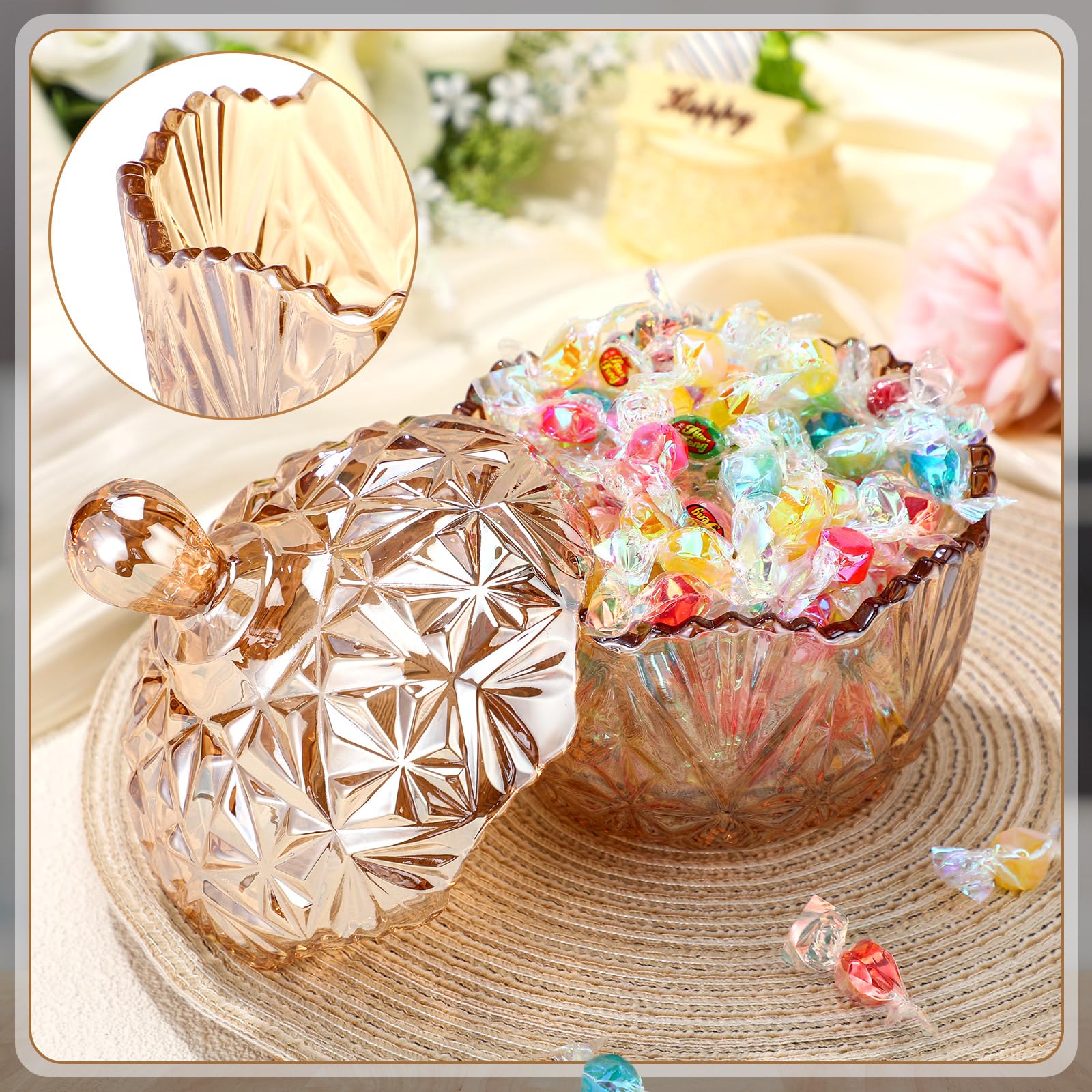 DoubleFill 26 oz Large Glass Candy Dish with Lids Crystal Candy Jar with Lid Halloween Decorative Covered Glass Jar Jewelry Box Wedding Buffet Biscuit Containers for Snacks(Amber,Classic)