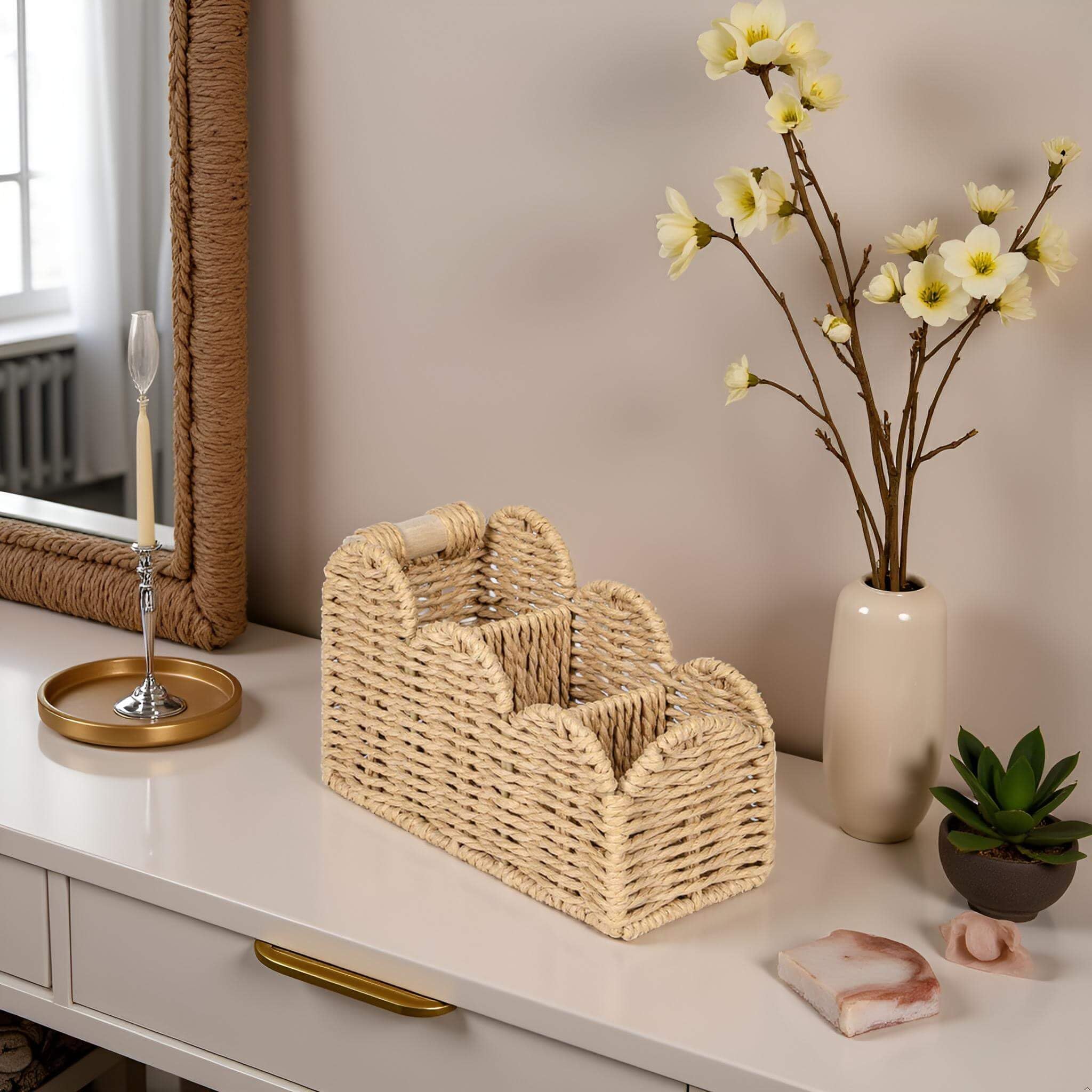 CubesLand Bedside Table Desk Organizer Caddy, Remote Pen&Pencil Holder Cup, Makeup Brush Holder w/Scalloped Perfect for Home, Office Desk, Living Room Table Decor, 3 Slots Beige