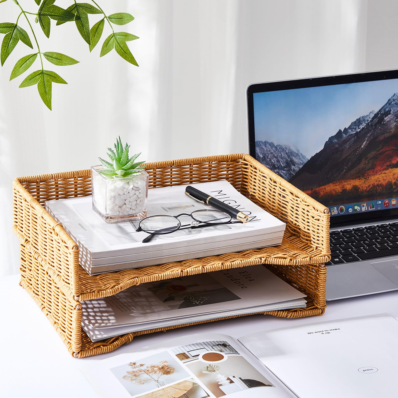 Yeaqee 2 Pcs Paper Tray Organizer for Desk Woven Letter File Organizer A4 File Tray Desk Paper Basket Letter Size Imitation Rattan Holder Organization Rack for Office Storage(Brown,Wheat Ear Pattern)