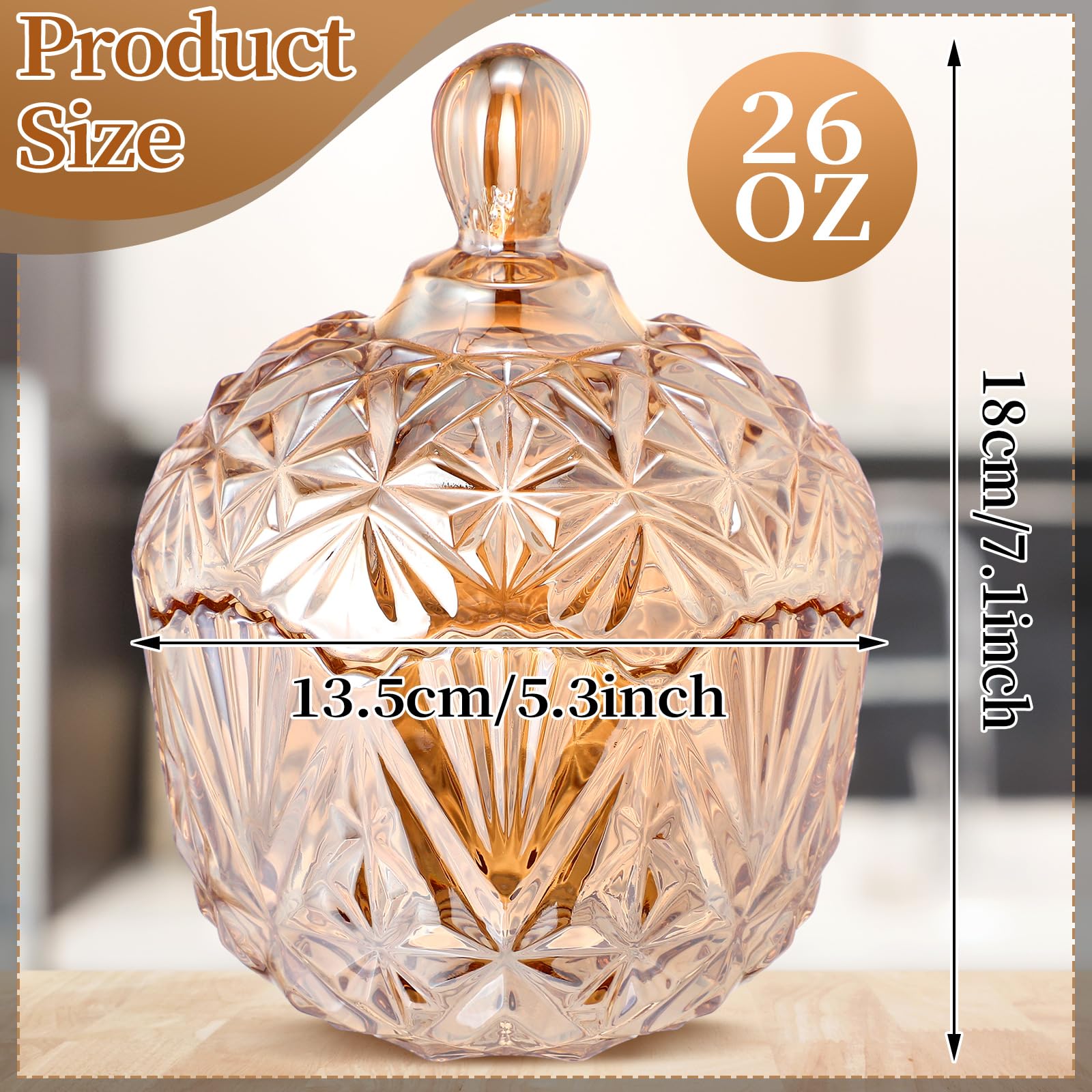 DoubleFill 26 oz Large Glass Candy Dish with Lids Crystal Candy Jar with Lid Halloween Decorative Covered Glass Jar Jewelry Box Wedding Buffet Biscuit Containers for Snacks(Amber,Classic)