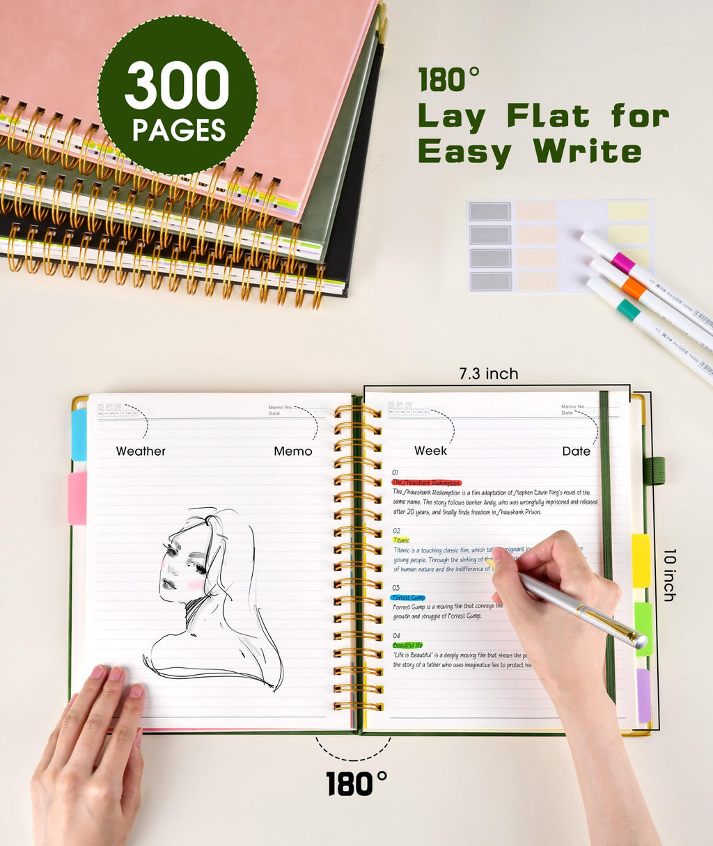 Hardcover Spiral Notebook journal with Removable Dividers Tabs, 300 Pages Leather 5 Subject Notebook College Ruled, 8"x10" Large B5 Notebooks for Work School Note taking, Lined Journal for Women,Green