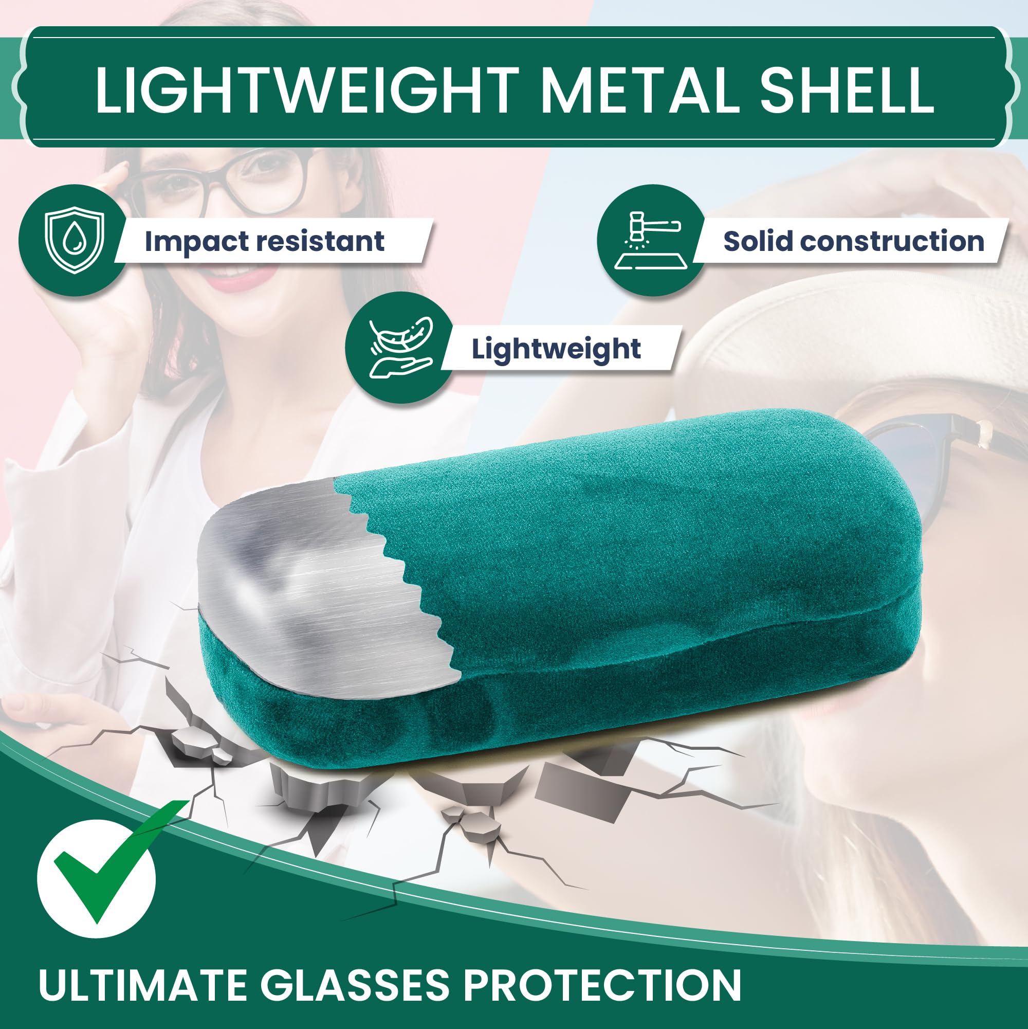 Modern Eyewear Large Hard Shell Glasses Case with Cleaning Cloth - Green Velvet Protective Eyeglass Case for Sunglasses & Reading Glasses - Lightweight, Crush-Resistant - Design for Men & Women