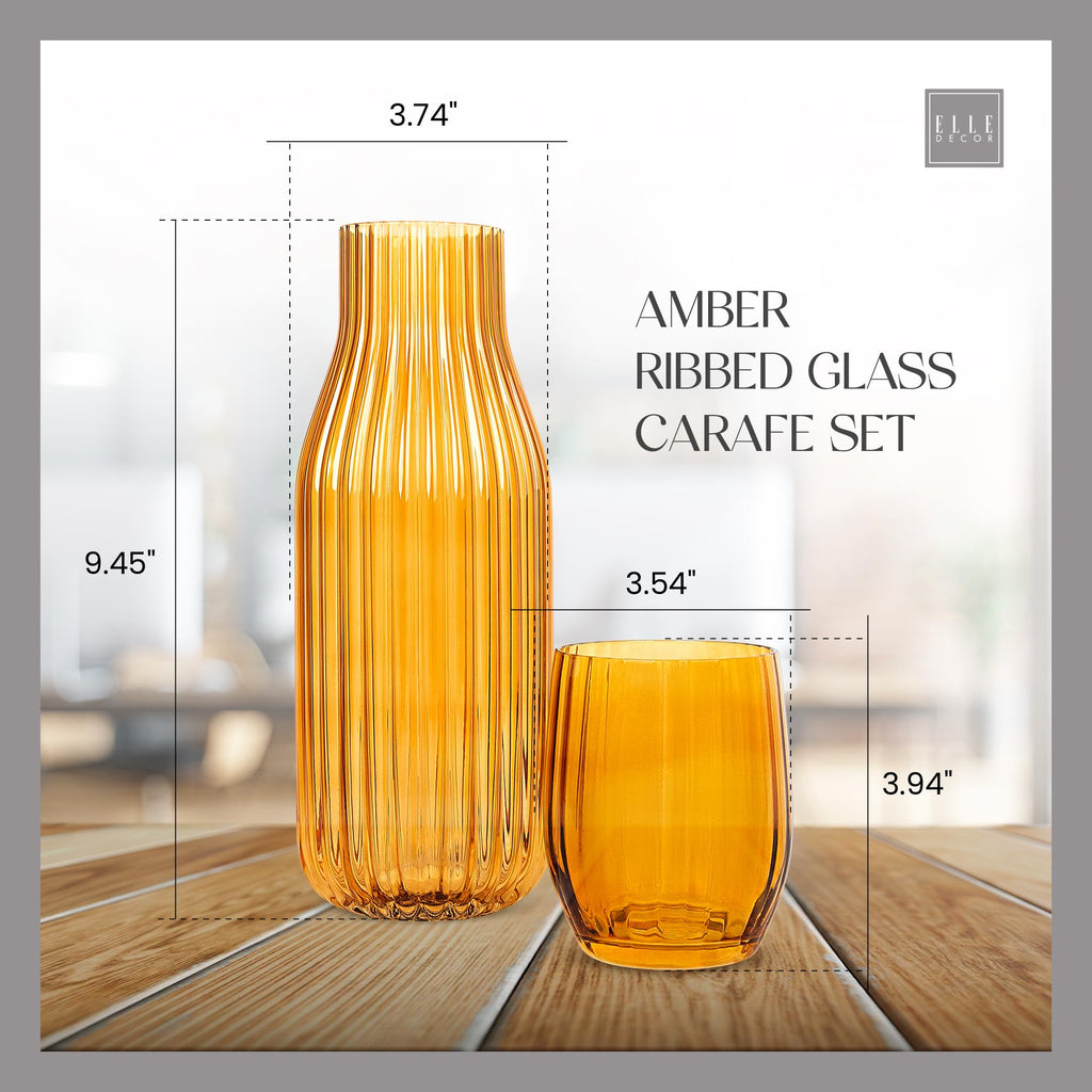 elle decor Ribbed Bedside Water Carafe with Tumbler Set | Ribbed Glass Pitcher and Matching Drinking Glass Doubles as Lid | 39-Ounce Jug for Guest Room, Office, or Gift | 4” x 9.5” (Amber)
