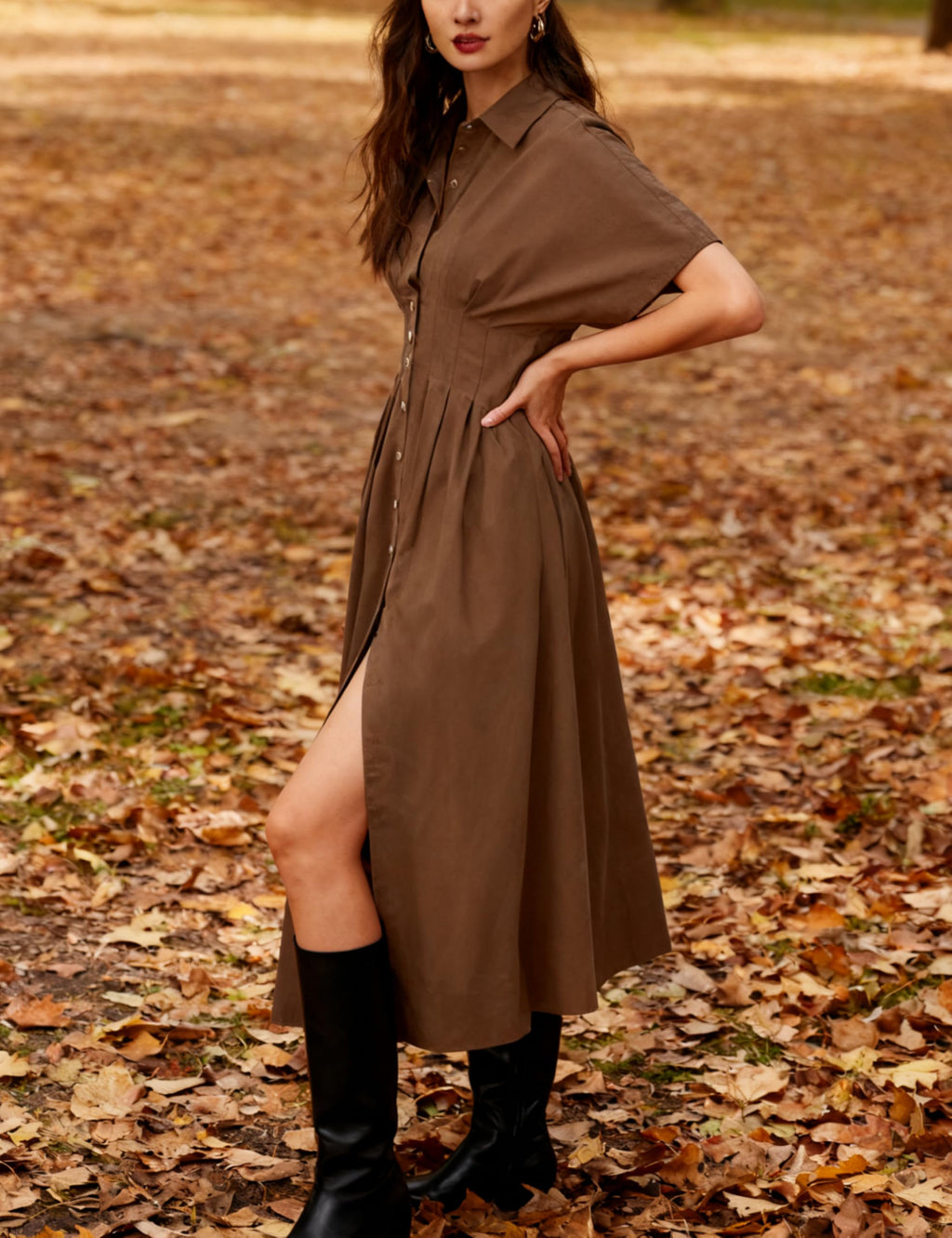 Yeokou Shirt Dress for Women Summer Casual Short Sleeve Button Down Loose Pleated Maxi Sundress with Pockets (Brown-L)