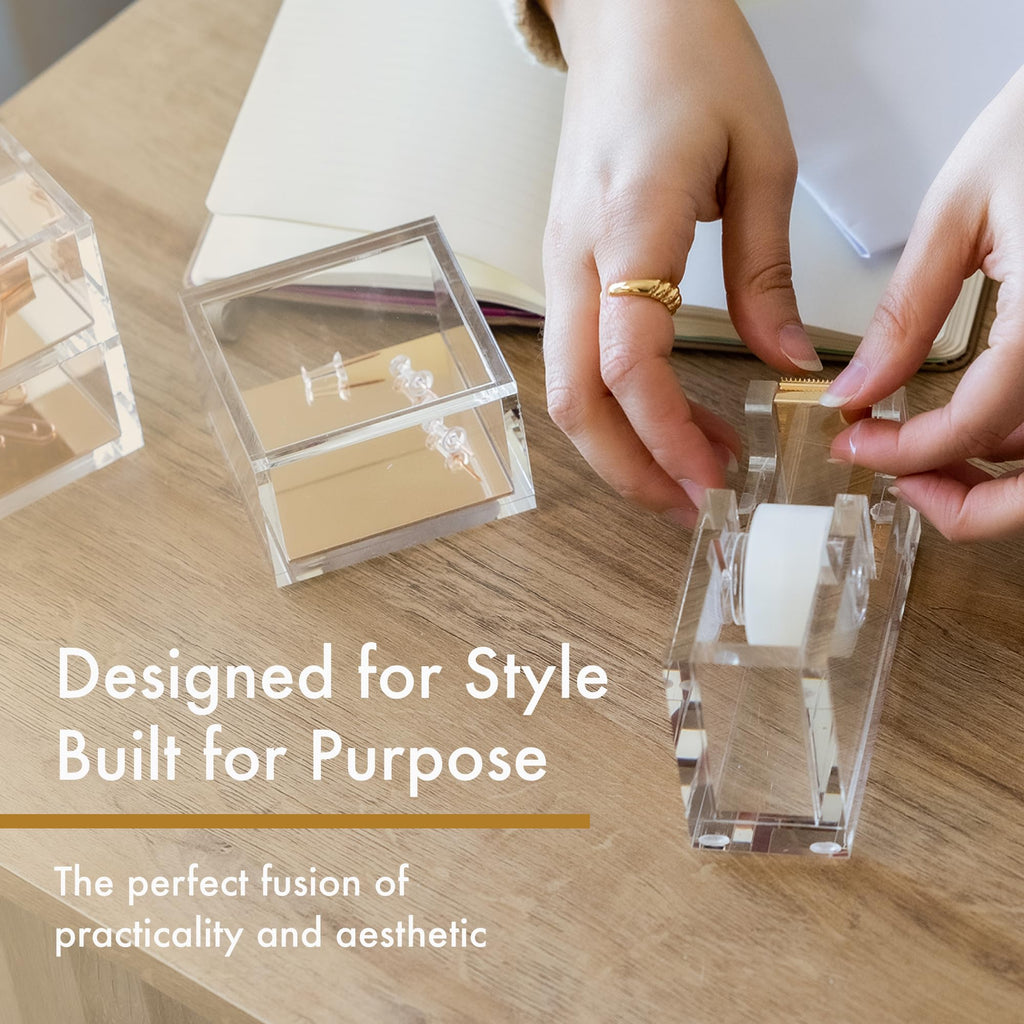 OfficeGoods Acrylic Tape Dispenser – Modern Desk Organizer for Office Supplies – Heavy Duty Refillable Tape Holder for Home and School Crafting – Stylish Desktop Accessory for Gift Wrapping, Gold