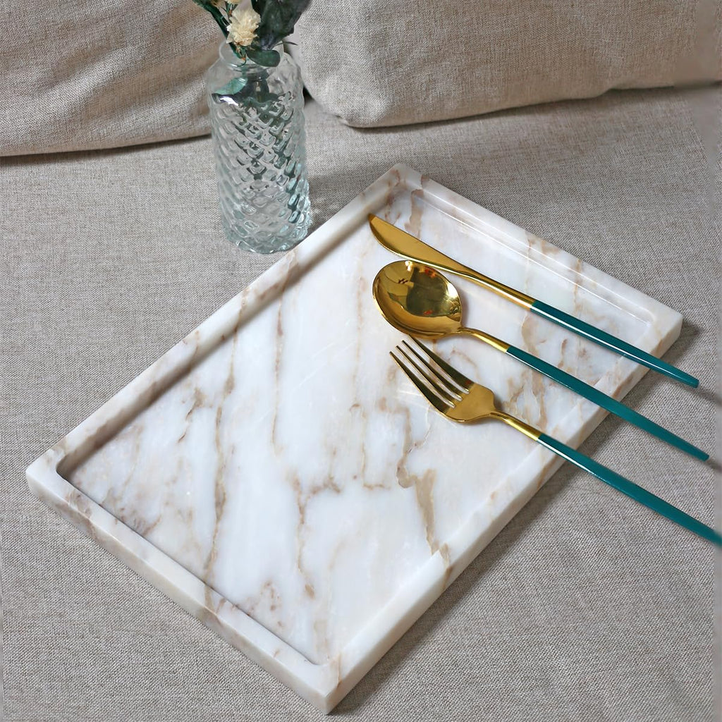 100% Natural Marble Serving Tray Luxury Marble Storage Tray for Home Decor Stone Tray for Bathroom/Kitchen/Vanity/Dresser,Plate Holder for Tissues, Candles, Towel