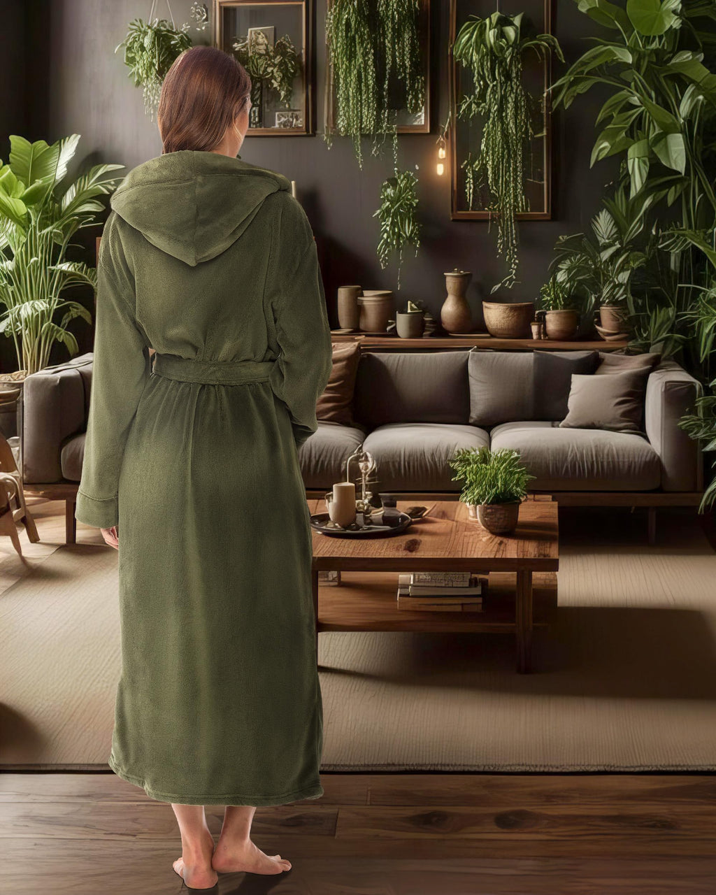 Alexander Del Rossa Womens Robe, Long Plush Bathrobe with Hood, Hooded Robes for Women Plus Size Bath Robe, Army Green, Large