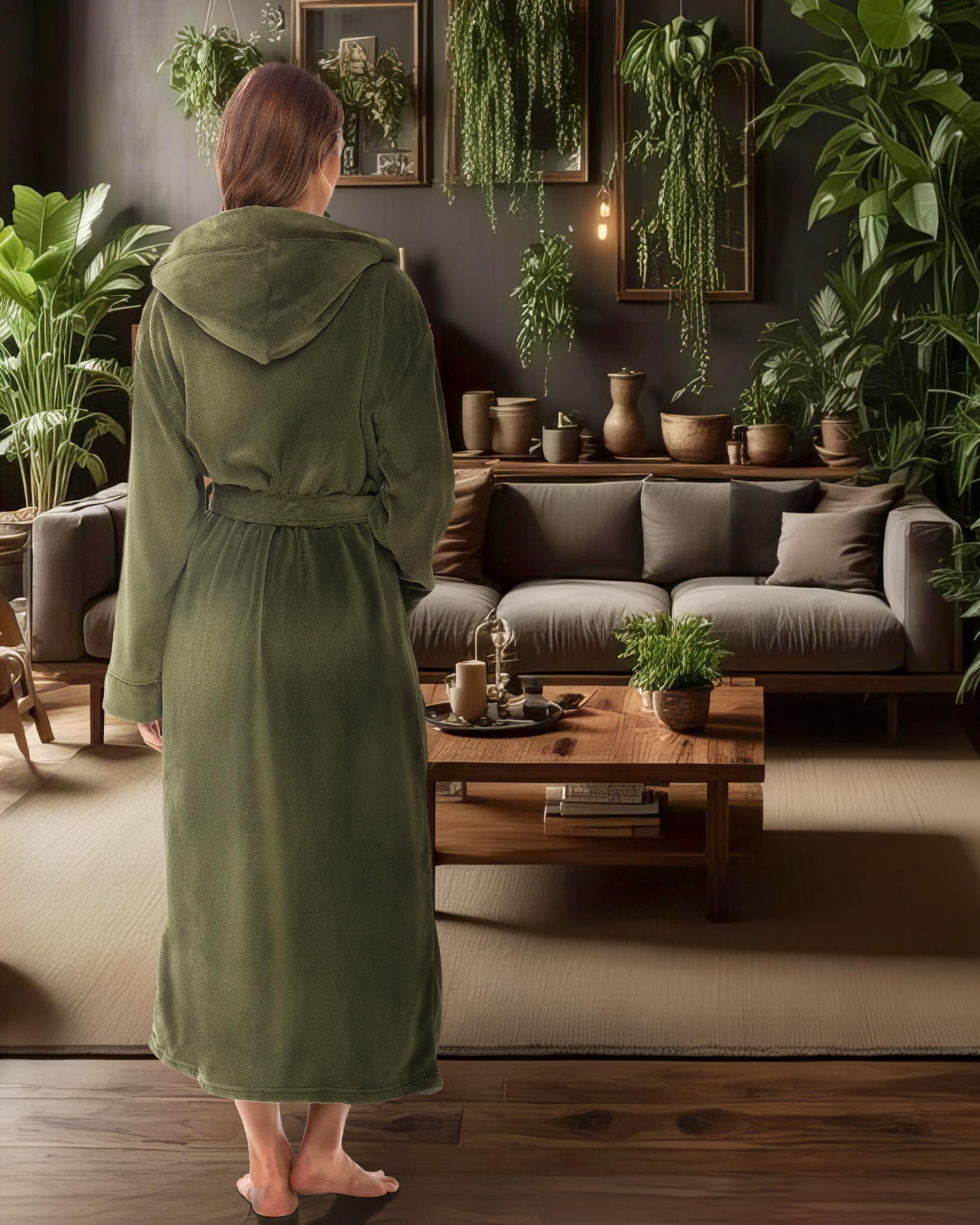 Alexander Del Rossa Womens Robe, Long Plush Bathrobe with Hood, Hooded Robes for Women Plus Size Bath Robe, Army Green, Large