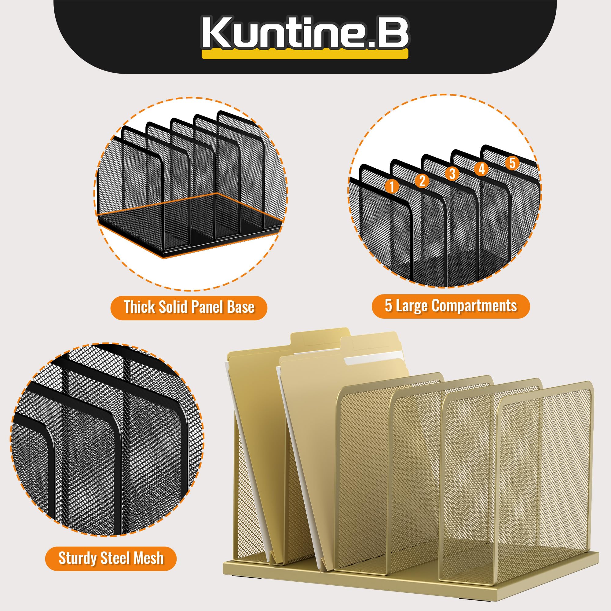 Kuntine.B Desk File Organizer Upright Mesh Desktop Organizer File Sorter Office Organization File Holder for Home, Office & Classroom (Gold, 1 Pack 5-Section)