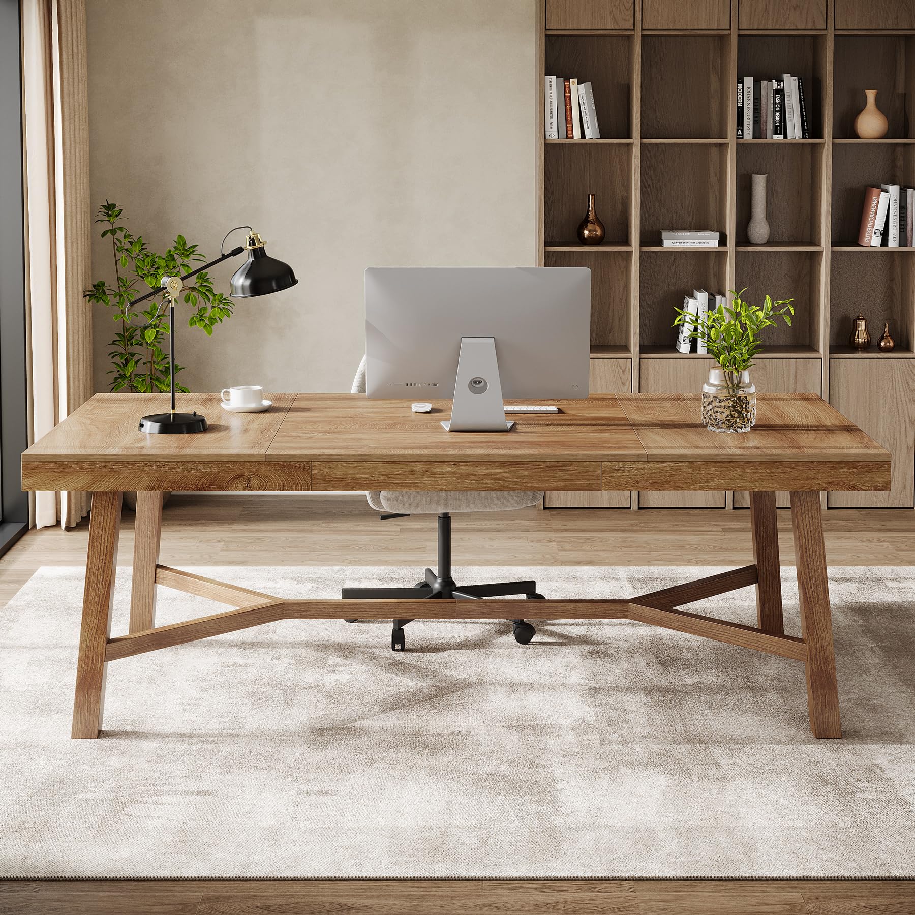 Tribesigns 71-Inch Executive Desk, Farmhouse Office Computer Desk with Sturdy Leg Structure, Rectangular Writing Table Business Furniture for Home Office, Natural