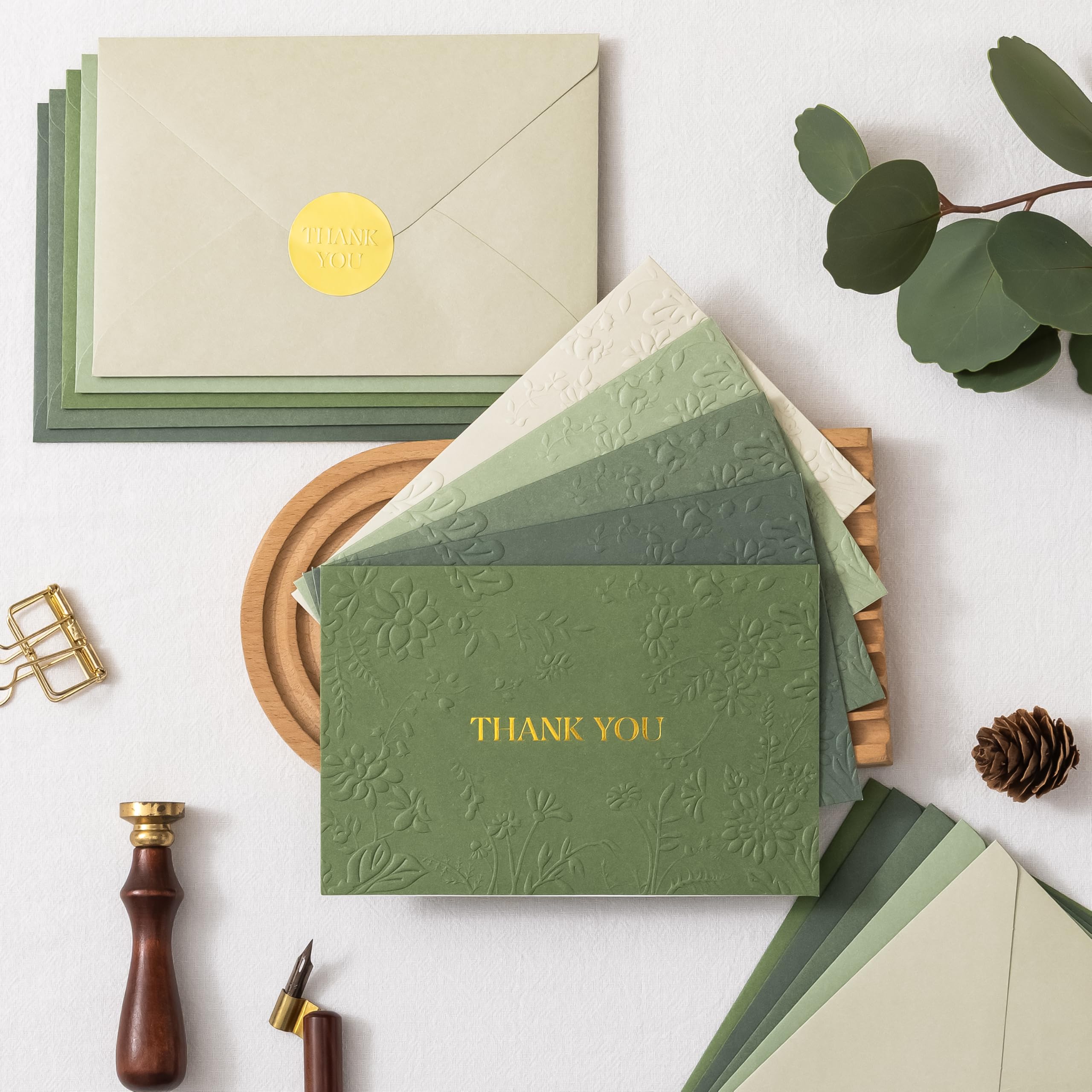 Crisky Bridal Shower Thank You Cards with Envelopes(Sage Green),50 Pack Embossed Floral Thank You Cards for Wedding, Baby Shower, Business, Graduation Party Favors Decorations