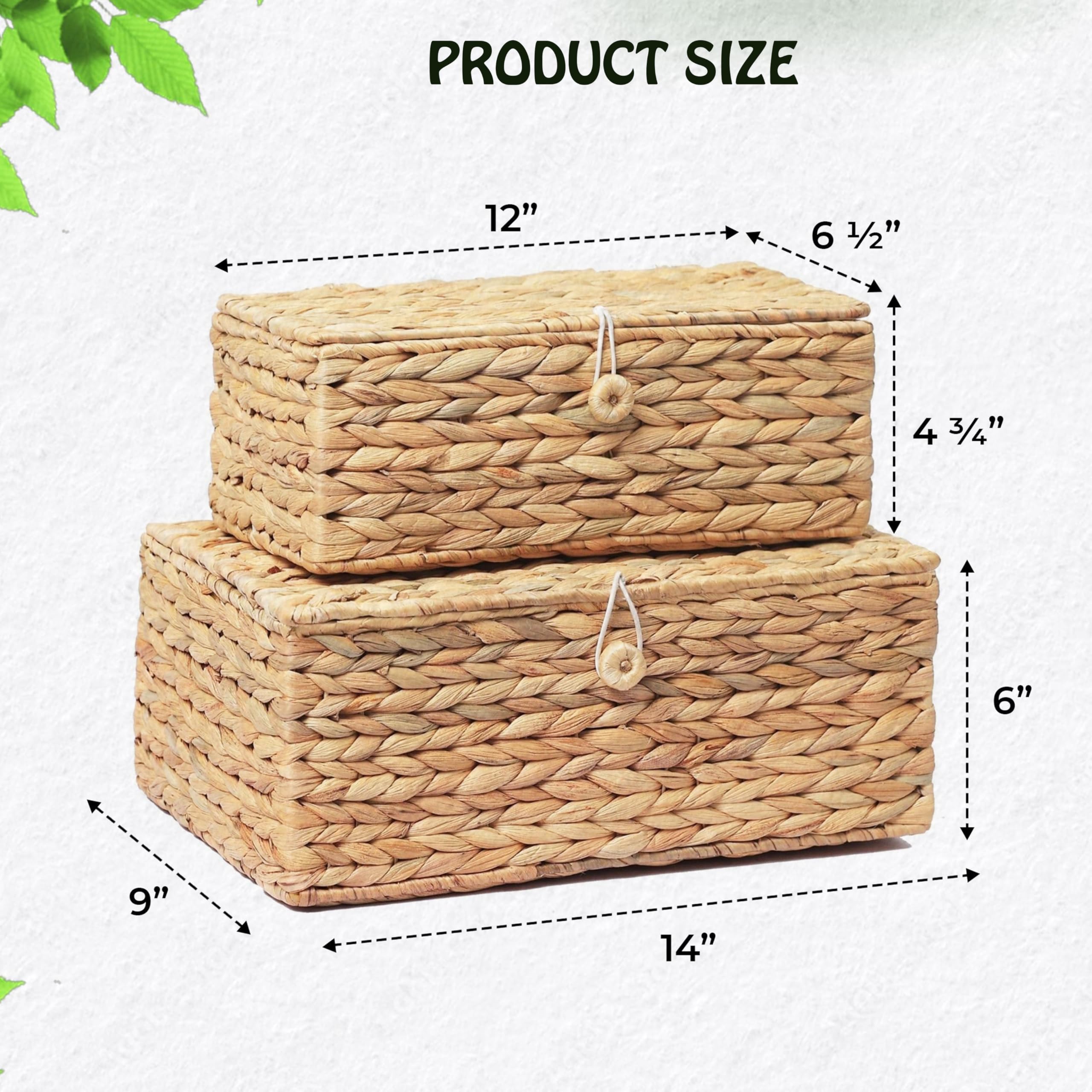 LUSYDECO Set of 2 Rectangular Wicker Storage Bins with Lid, Rattan Basket Decorative Boxes, Multipurpose Organizer Display Boxes for Shelf Organizer, Boho Rattan Box for Home Decoration