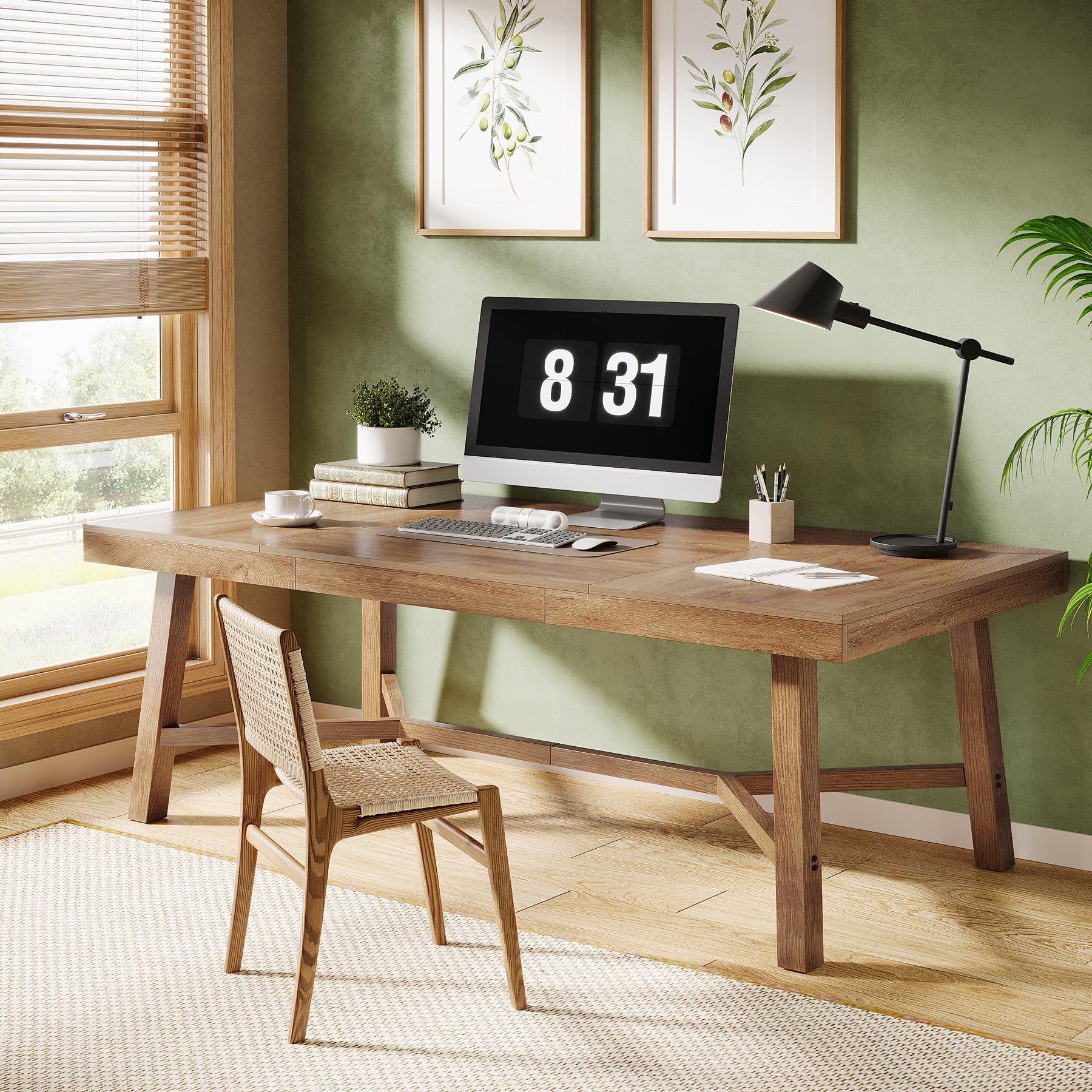 Tribesigns 71-Inch Executive Desk, Farmhouse Office Computer Desk with Sturdy Leg Structure, Rectangular Writing Table Business Furniture for Home Office, Natural