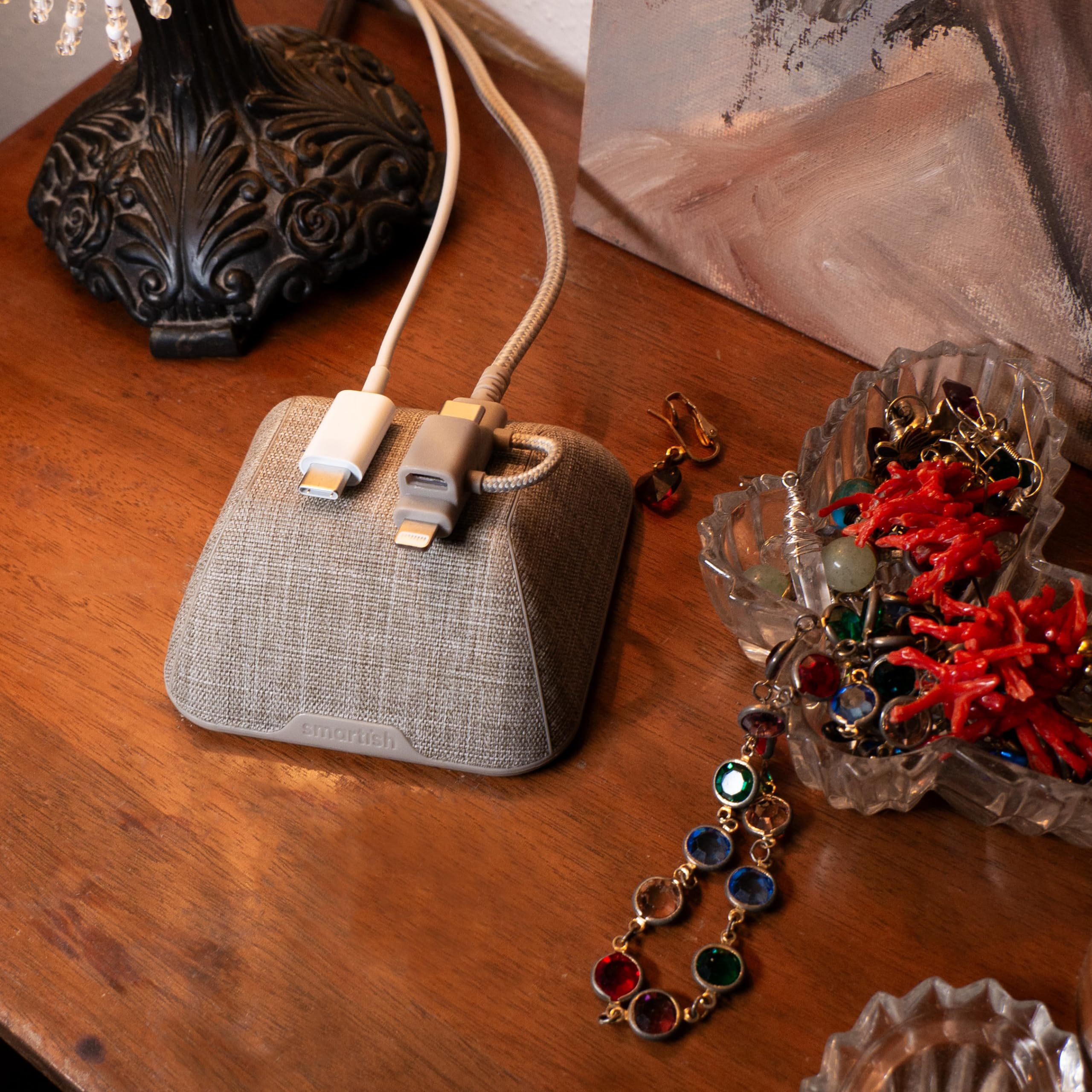 Smartish® Magnetic Cord Holder - Cable Wrangler Organizer with Magnet Clips for Charger Management on Desktop, Nightstand for USB-C + Lightning - Lightly Toasted Beige