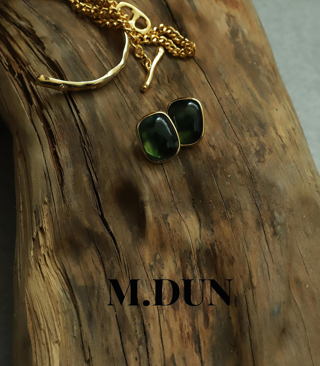 M.DUN- Round Edges Rectangle Shape Studs Earring. Abalone Amber Turquoise Resin Stone Design/18k Real Gold Plated Bezel, Hypoallergenic Gorgeous Gift for Women (green)