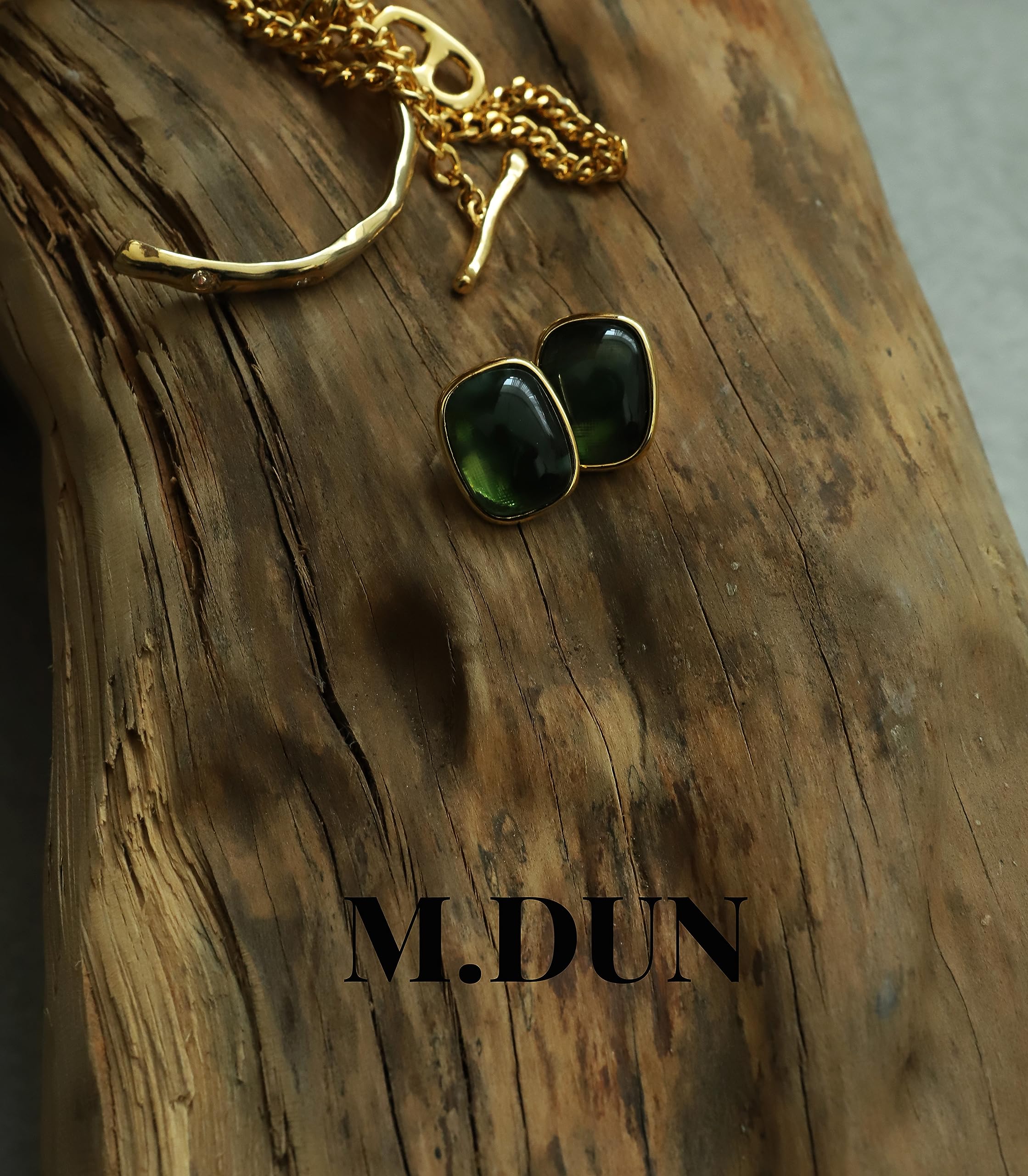 M.DUN- Round Edges Rectangle Shape Studs Earring. Abalone Amber Turquoise Resin Stone Design/18k Real Gold Plated Bezel, Hypoallergenic Gorgeous Gift for Women (green)